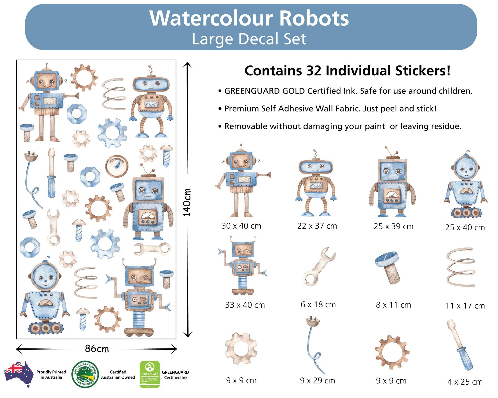 Robots and Gears Watercolour Decals - Printibly